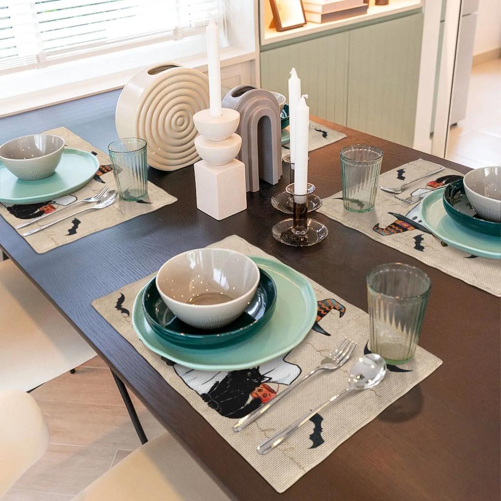 1PC Linen Halloween Ghost Pumpkin Cat Boo Halloween Placemats Seasonal Fall Table Mats for Party Kitchen Dining Decoration