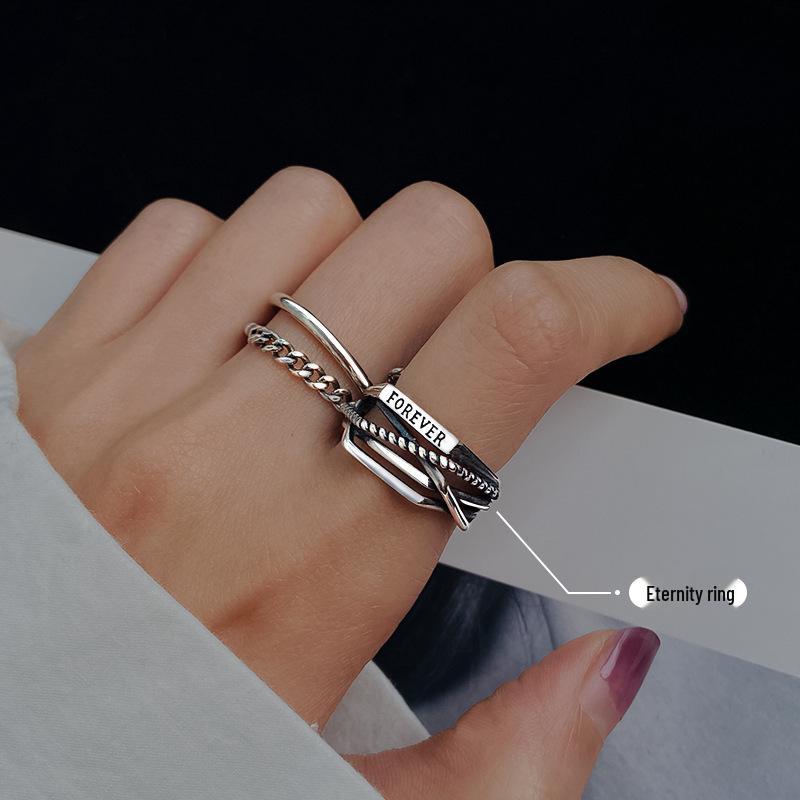 Korean Retro Cross Lines Letter Ring - Openable Chain Design for Women Adjustable