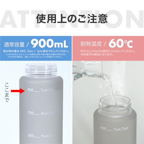 Atlas Water Bottle, 1000ml (1 Liter), Direct Drinking, with Measuring Tape, Time Marker, Handle, Lightweight, Easy to Clean, Wide Mouth, Large Capacit