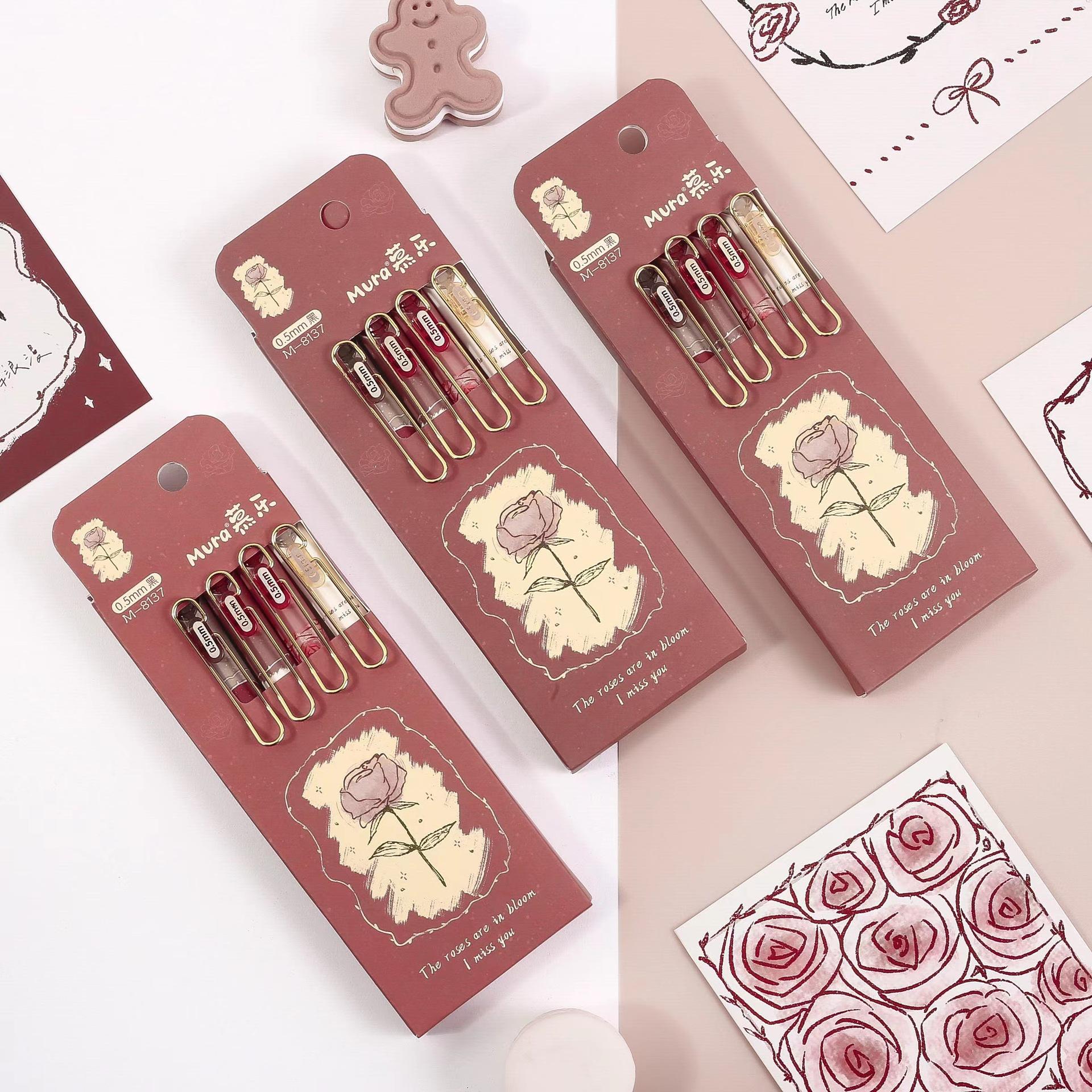 Набор из 4 шт. гелевых ручек «Роза и стихотворения» в стиле ретро с цветочным дизайном — фото 3