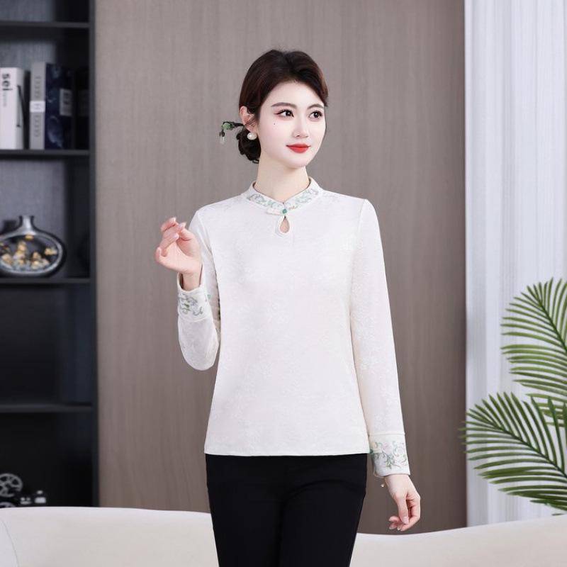 

Elegant Jacquard Embroidered Top with Frog Button and Stand Collar for Middle-Aged and Elderly Women, National Style Long Sleeve Base Layer 1XL (80-100 lbs) білий