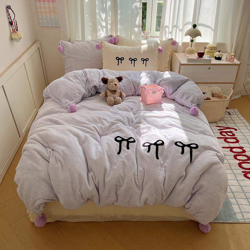 Girl Sweetheart Bow Embroidery Towel Embroidery Printing Thickened Milk Fleece Four-Piece Set