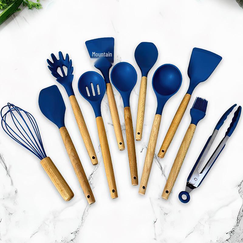 Silicone Kitchenware: 12-Piece Non-stick Spatula and Spoon Set with Wooden Handles for Cooking and Baking