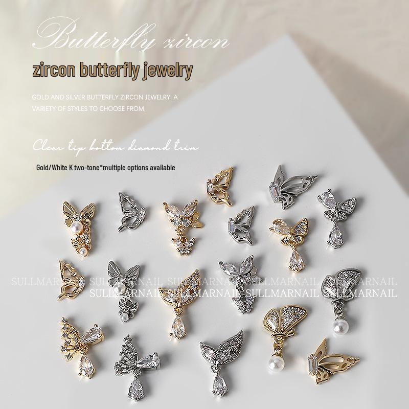 Butterfly Zircon Nail Art Jewelry: Pearl, Ribbon, Gold & Silver Pendant