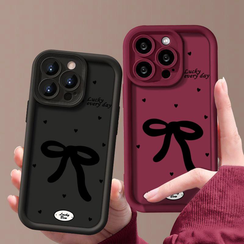 Bowknot Pattern TPU Soft Shockproof Phone Case For iPhone 16 Pro Max 15 Pro 14 13 12 11 XR XS Little Love Hearts Matte Lens Protection Bumper Cover