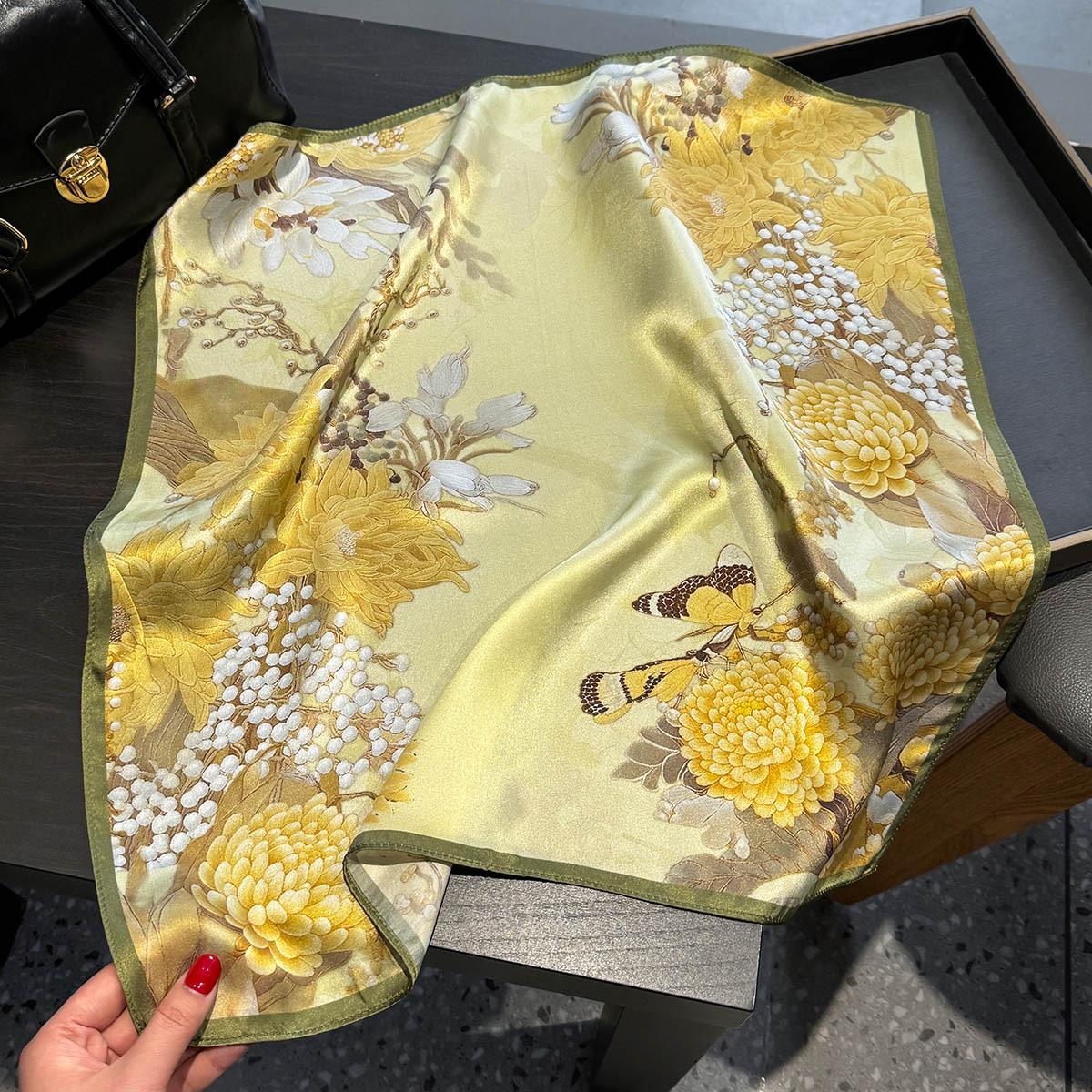 

Роскошный шарф из 100% шелка тутового шелкопряда Женский Золотой цветочный принт Бандана Шаль Дамский шейный платок Носовой платок Женский декоративный платок 53см 53x53CM