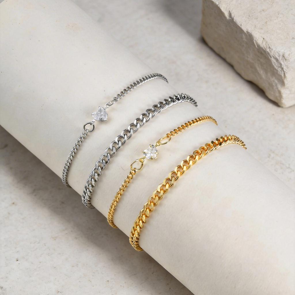 2Pcs Matching Couple Bracelets Set for Couple, Cuban Link Chain Heart Cubic Zirconia, Adjustable Stainless Steel Tarnish-Free