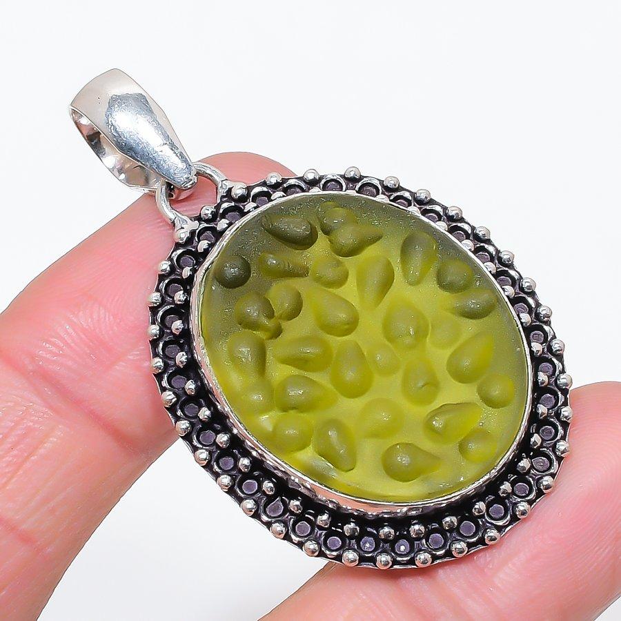 Natural Moldavite Quartz Gemstone 925 Sterling Silver Jewelry Pendant 2.09" V9E98
