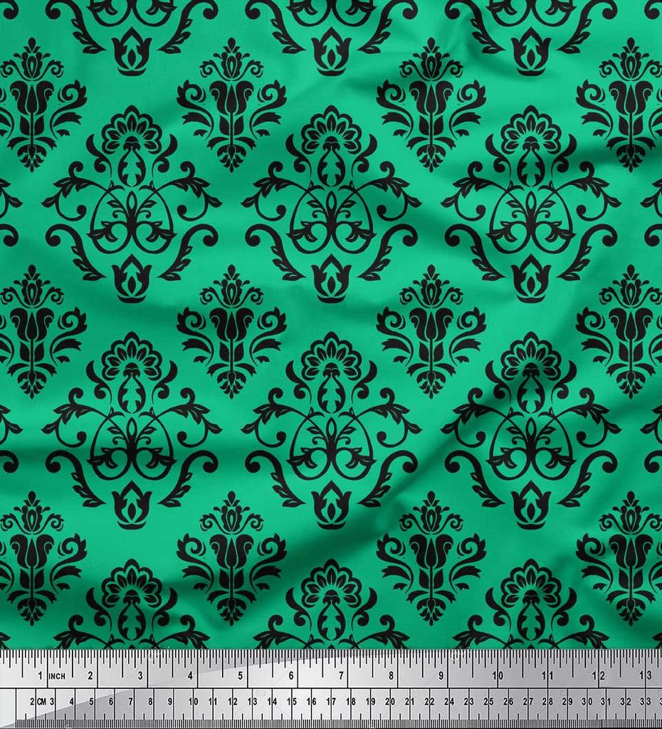 Купити Soimoi Blue Poly Crepe Fabric Flourish Damask Print Тканина