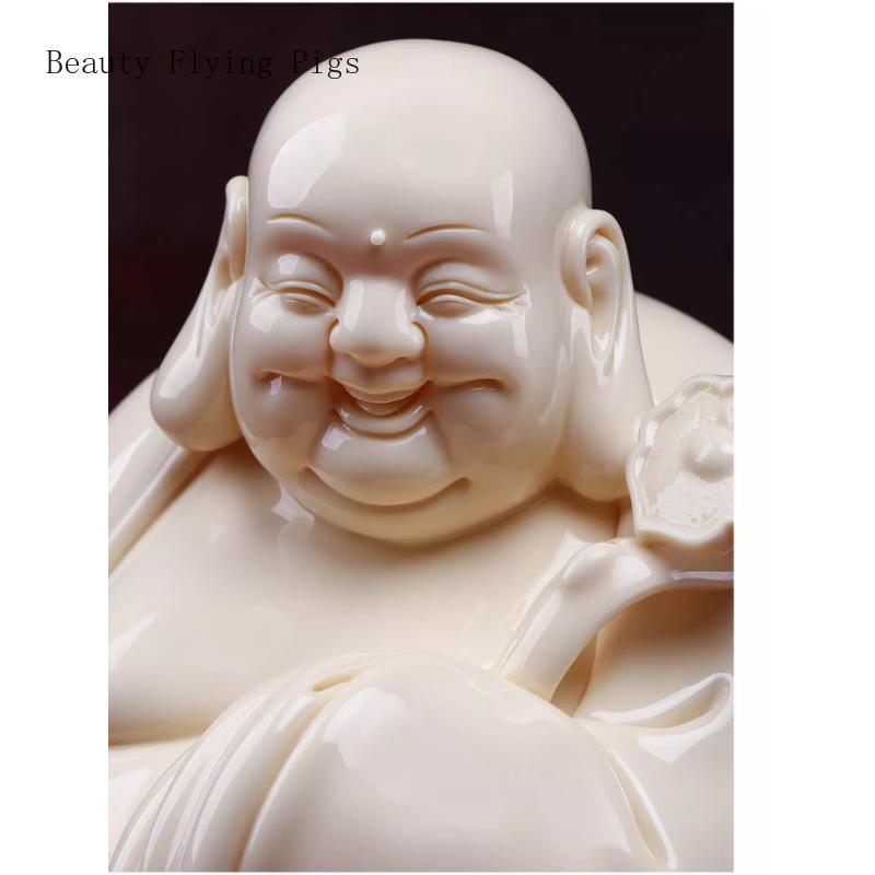 1PCS White Porcelain Maitreya Buddha Statue Home Living Room Big Belly Laughing Buddha Ceramic Decoration Opening Gift