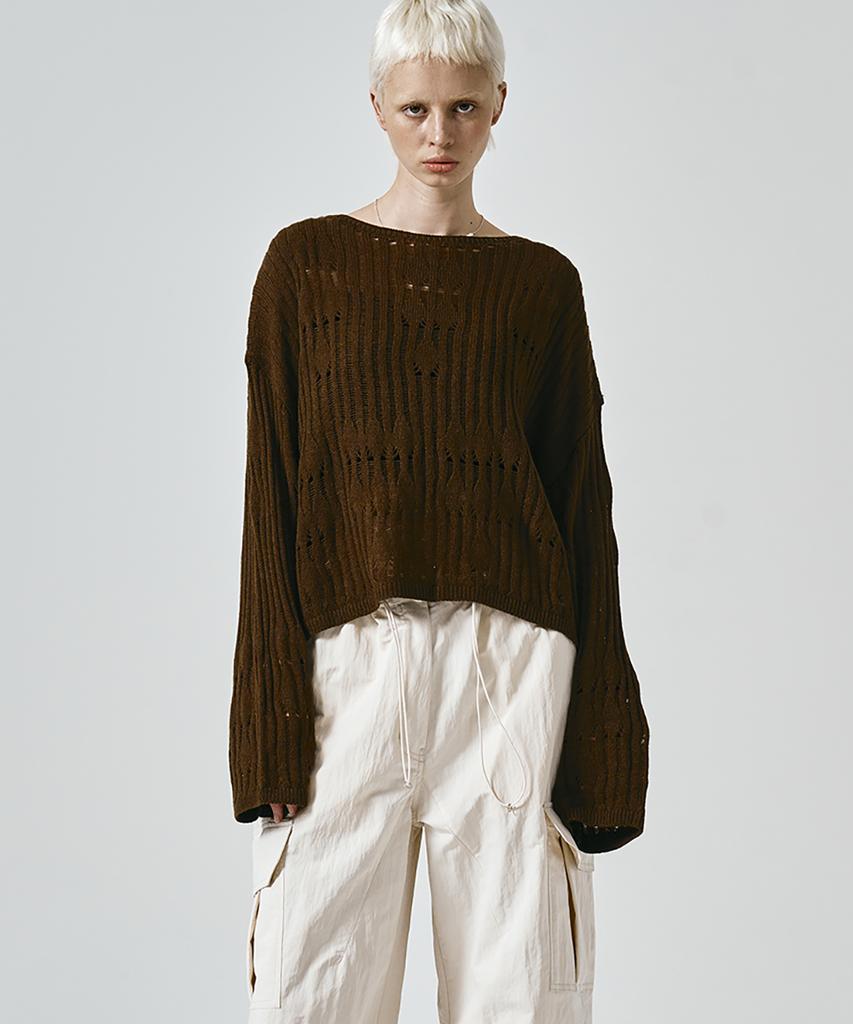 NOIRER FOR WOMAN Wool Damaged Boat Neck Knit Top (Brown)
