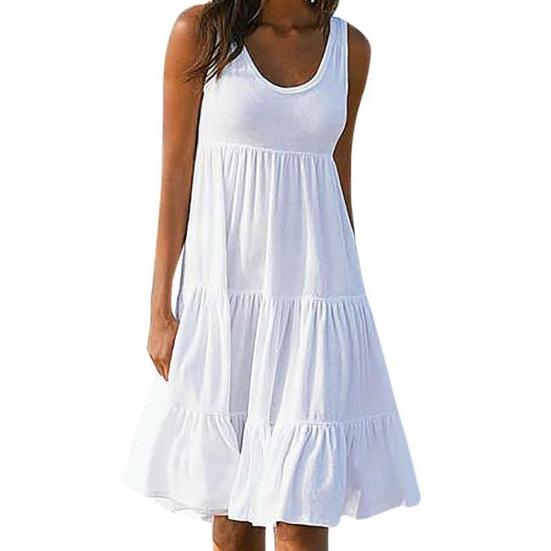 

Плюс размер женщин сплошной цвет без рукавов с круглым вырезом шить плиссированное платье трапециевидной формы XL белый