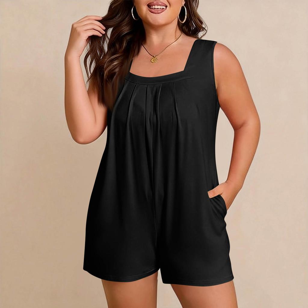 Women's Plus Size Casual Tank Top Sleeveless Pocket Jumpsuit Shorts Set
