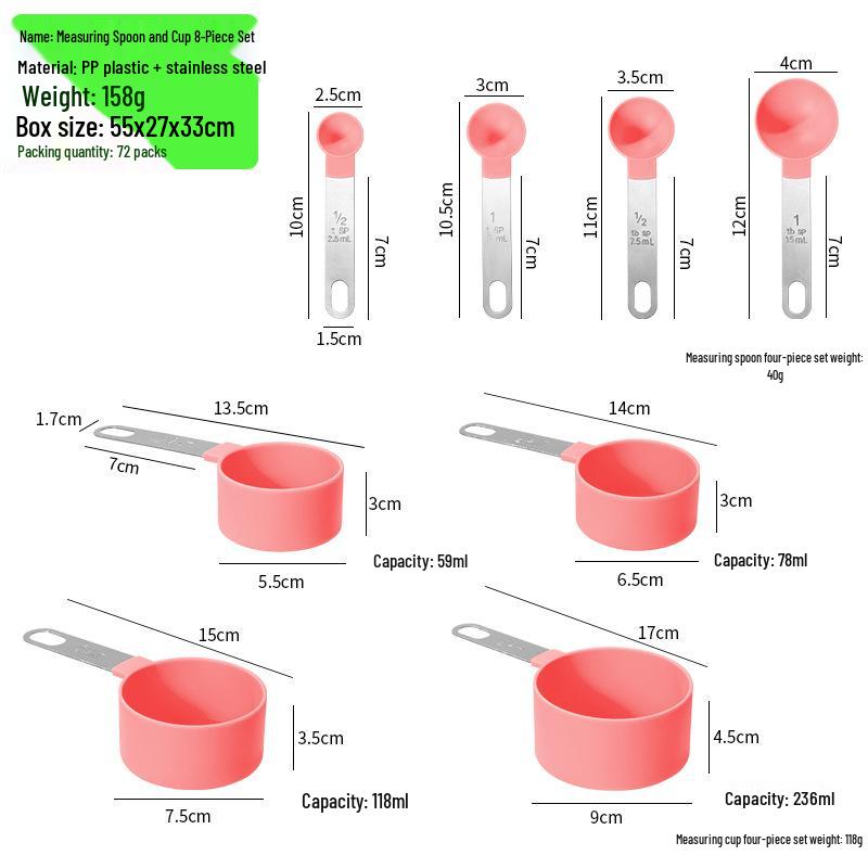 8-Piece Stainless Steel & Colored Plastic Measuring Spoon and Cup Set with Scale for Seasoning and Milk Powder