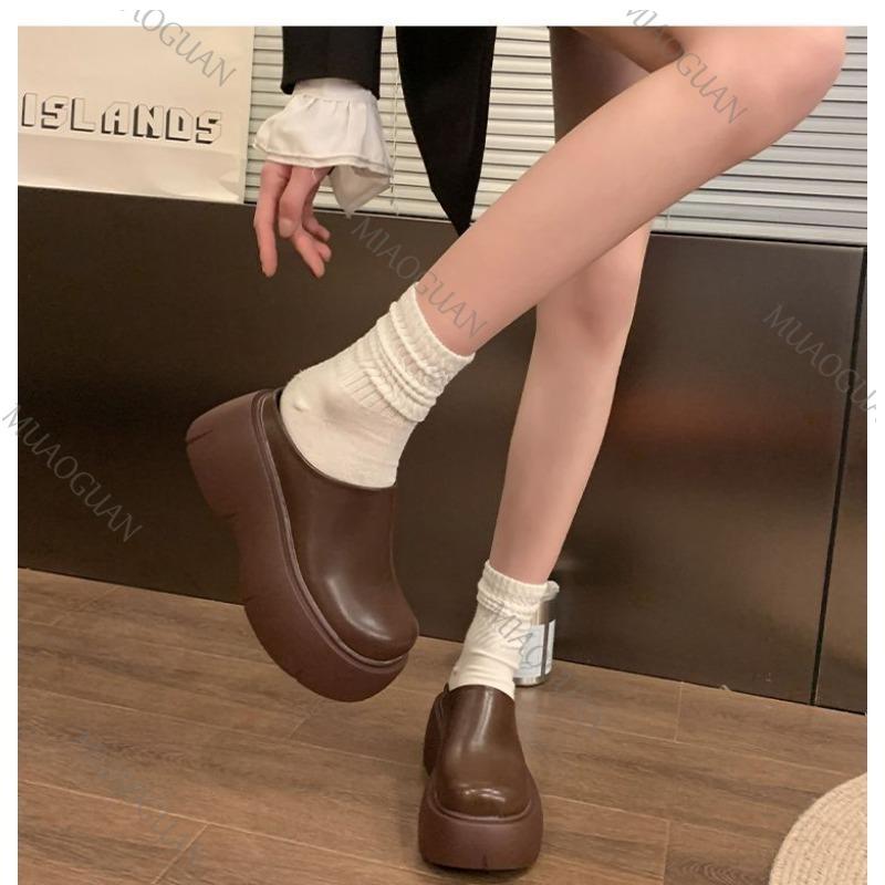 Pantoufles d'été à semelle épaisse rehaussante pour femmes, printemps automne, à porter à l'extérieur, talon haut, bout fermé, demi-pantoufles décontractées marron noir, mules, claquettes