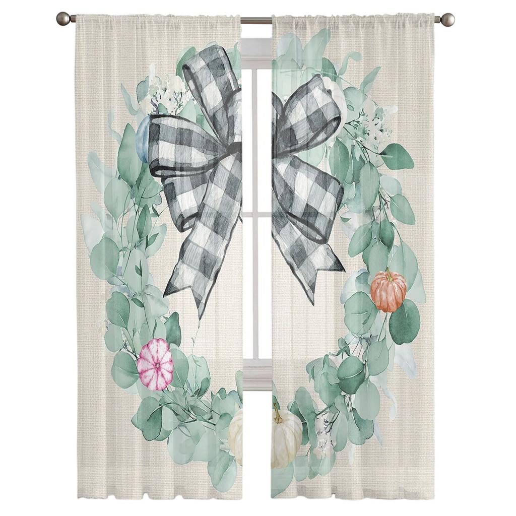 Höst Thanksgiving Eucalyptus Pumpa Sovrum Transparent skira Gardiner Semesterdekoration Fönster Voile Tyll Gardin
