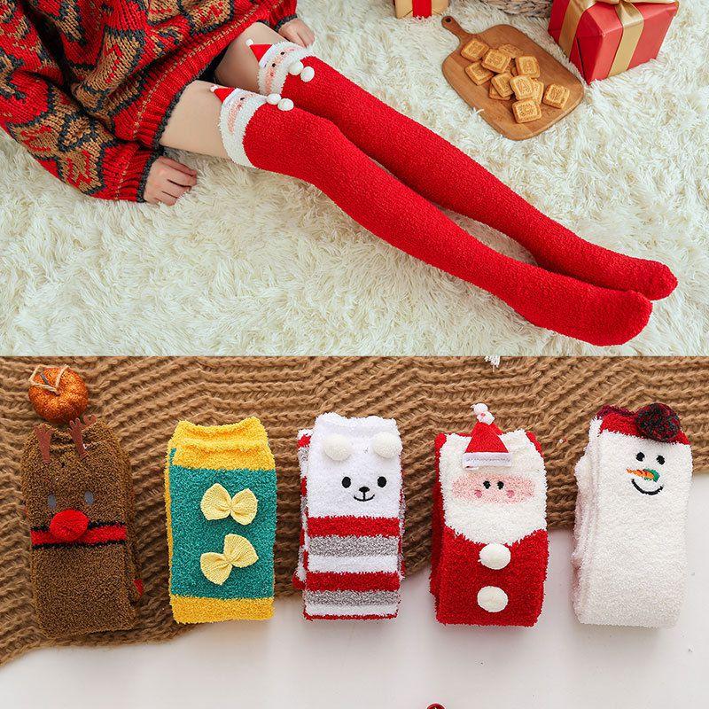 Women's Coral Fleece Xmas Socks Warm Thigh Stocking Over Knee Santa Claus Elk Elf
