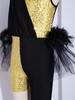 Girls Sparkling Sequins Asymmetrical Color Block Dance Jumpsuit Leotard with Feather Tulle Skirt Bodysuit for Performance Competition