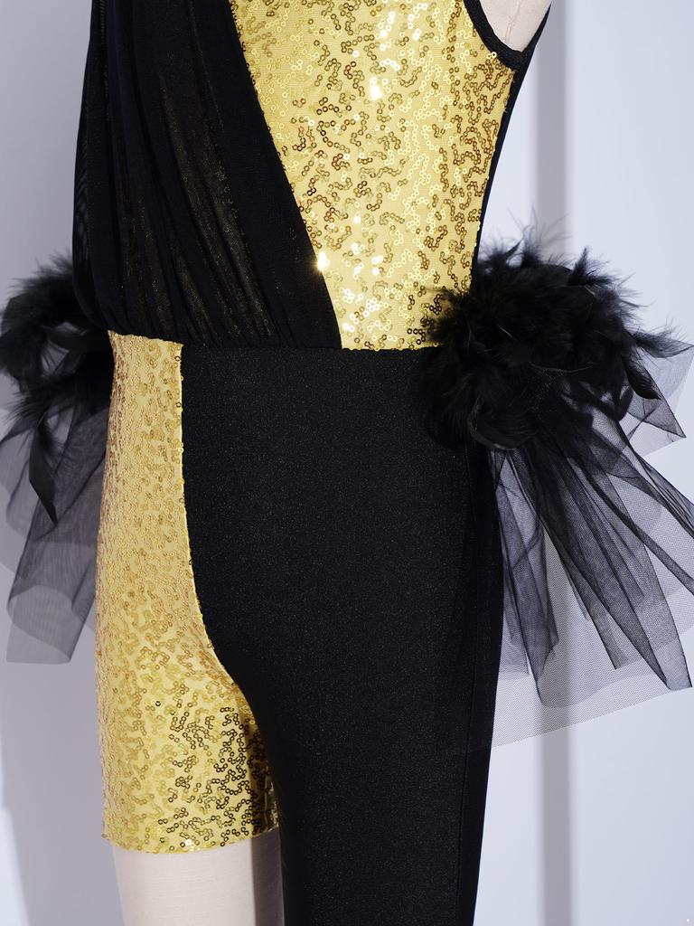Girls Sparkling Sequins Asymmetrical Color Block Dance Jumpsuit Leotard with Feather Tulle Skirt Bodysuit for Performance Competition