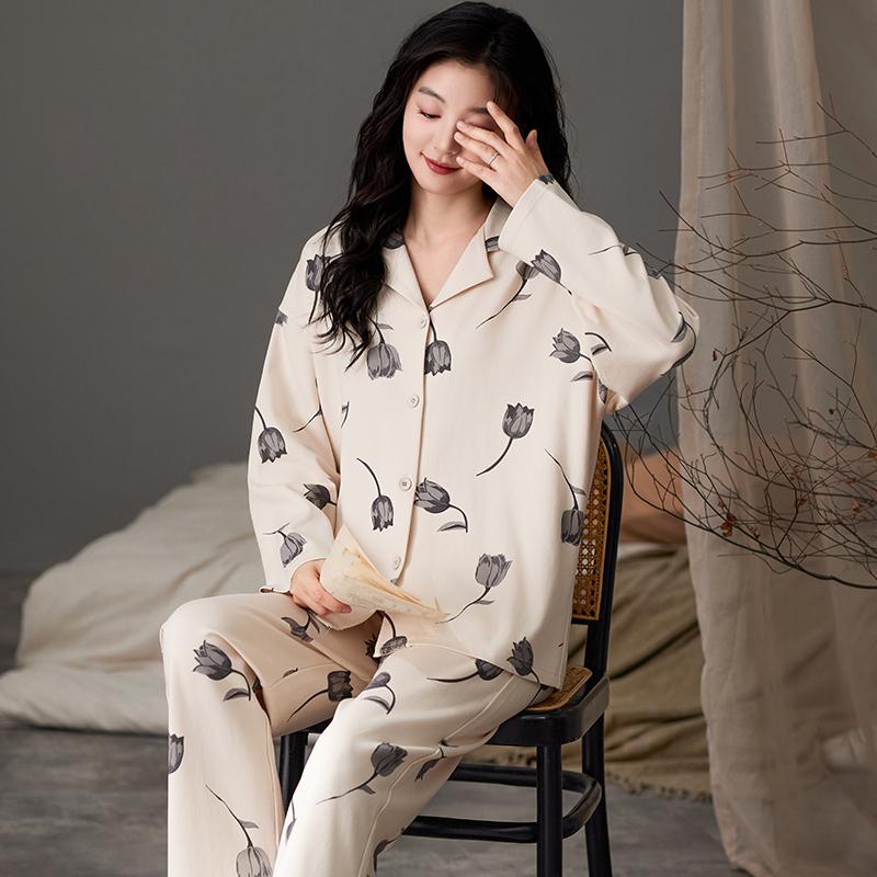 Purple Tulip Pajamas Set Women Sleepwear Cotton Long Sleeves Long Pants Autumn Winter Girl Pyjamas Soft Pijamas Cozy Button Cute