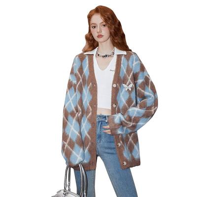 Women's Plaid Knit V-Neck Cardigan