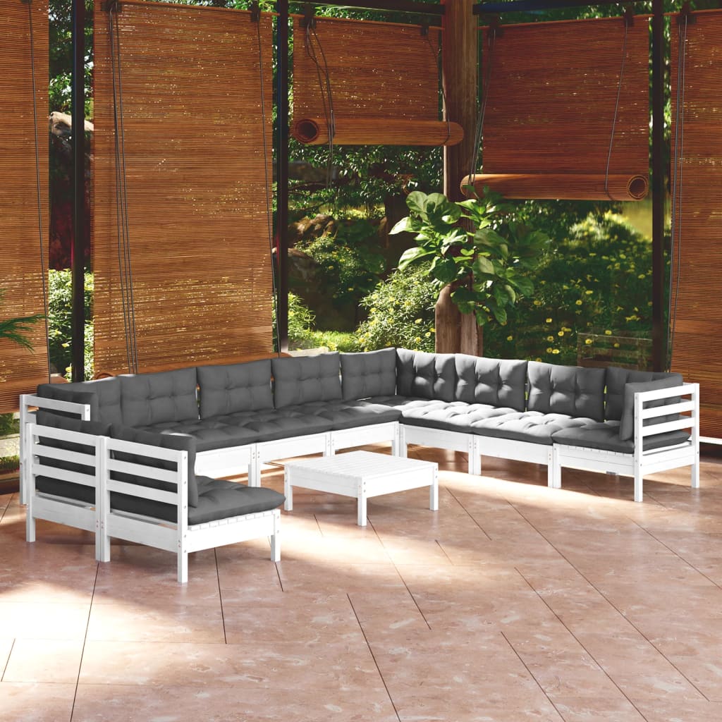 11 Piece Garden Lounge Set with Cushions White Solid Pine Wood