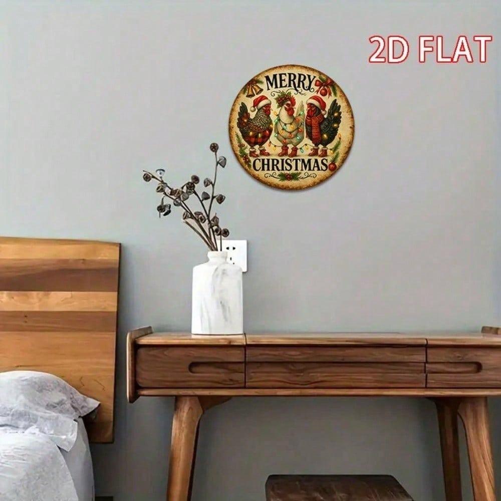 Festive Tin Sign 8x8 Inch, Vintage Metal Wall Art with Rooster and Reindeer for Christmas Holiday Home Bar Cafe Decor