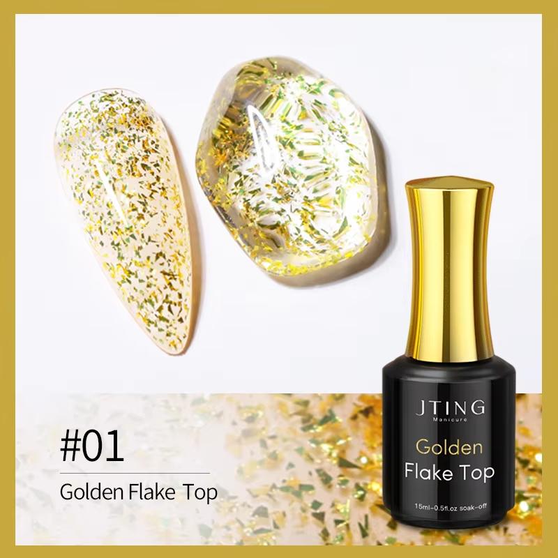 JTING Hot Popular Gold Silver Foil Flake Top Coat Gel Polish OEM ODM Private Label Flake Nail Gel Esmaltes En Gel Efecto Flake