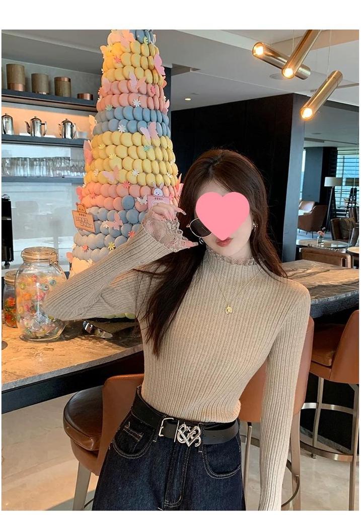 Women's 2024 Luxe Lace Knit Base Layer: White Half-High Neck Top for Spring, Autumn, Winter