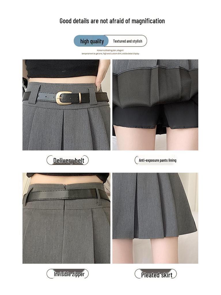 2025 Gray High-Waisted Academy Style Petite Pleated Summer Skirt
