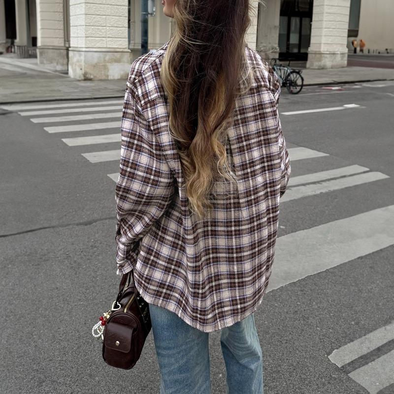 Camicia a Quadri Oversize da Donna Vestibilità Larga Bottoni Manica Lunga Blusa Casual