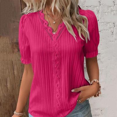 Women Summer Top Solid Color Hollow Out Short Sleeve V-neck Shirring Daily Wear Pullover Mid Length Lace Decor Lady Blouse Female Clothes