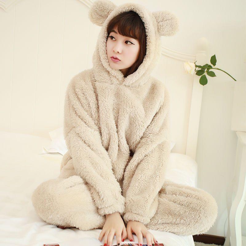 Winter Kawaiii Bear Women's Pajamas Set Pyjamas Sets Thick Sleepwear Flannel Coral Velvet Long Sleeve Loungewear