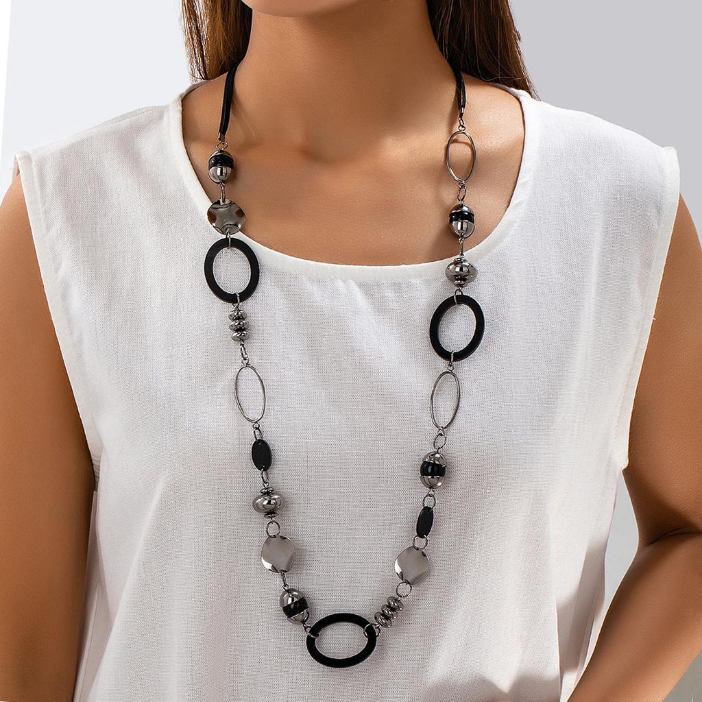 Vintage Geometric Long Necklace Black Silver Circle Oval Link Layered Punk Trendy Statement Jewelry for Women