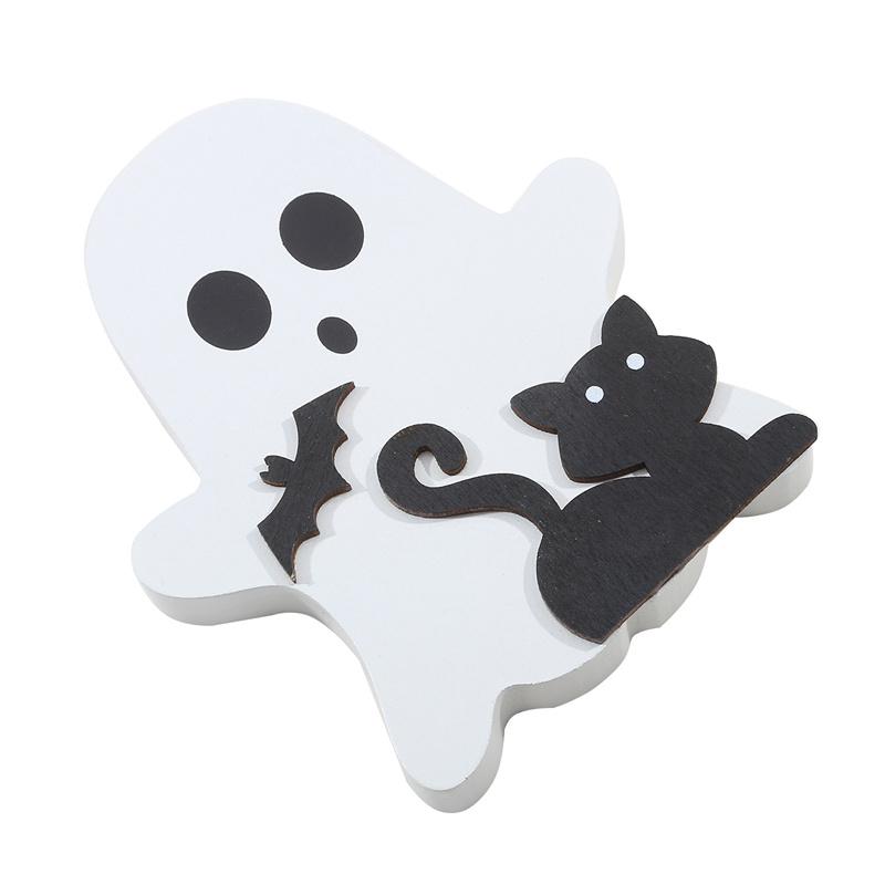 Niedliche Geister-Halloween-Dekoration für den Innenbereich, gruselige Deko, Holztablett-Dekor, Tischschild, schwarzer Katzenbesen, Kürbisblöcke für Partys, Zuhause, Regaldisplay