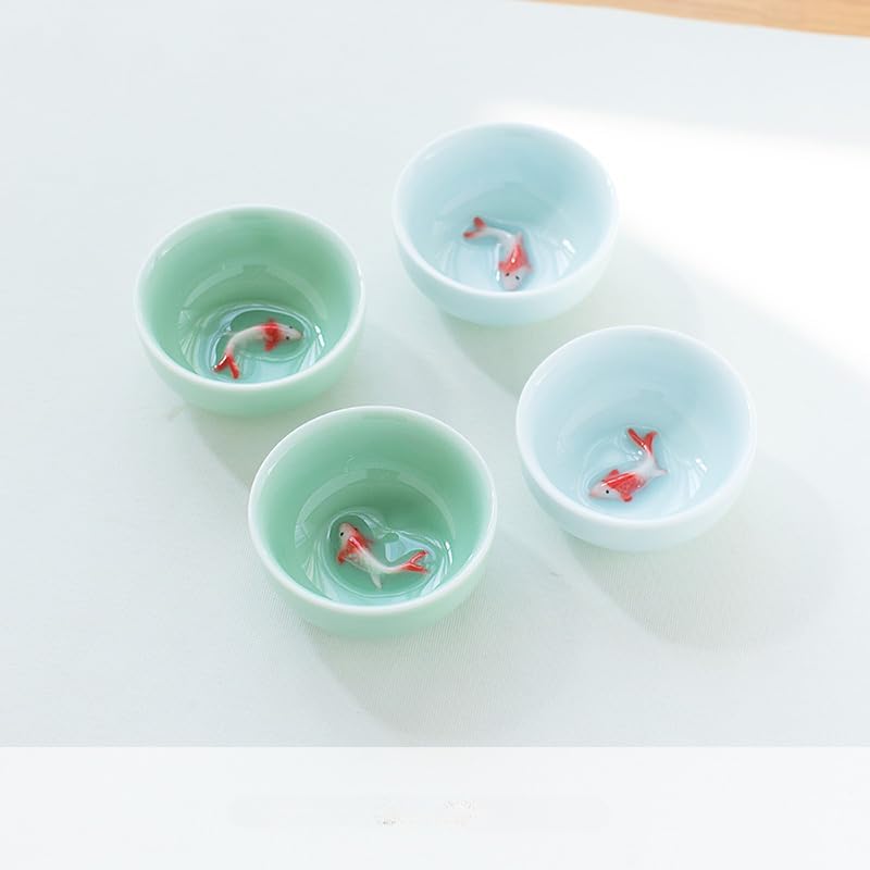 DAVBIR Boutique Tea Cup Ceramic Celadon Small Fish Tea Bowl (1.52Oz) (45ml) (6 Mix and Match)