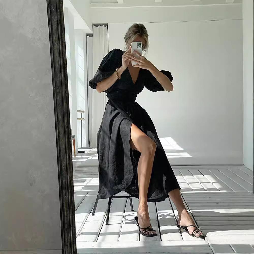 Spring and summer new lace-up cotton bubble sleeves French elegance v-neck design strap casual dress women's clothing