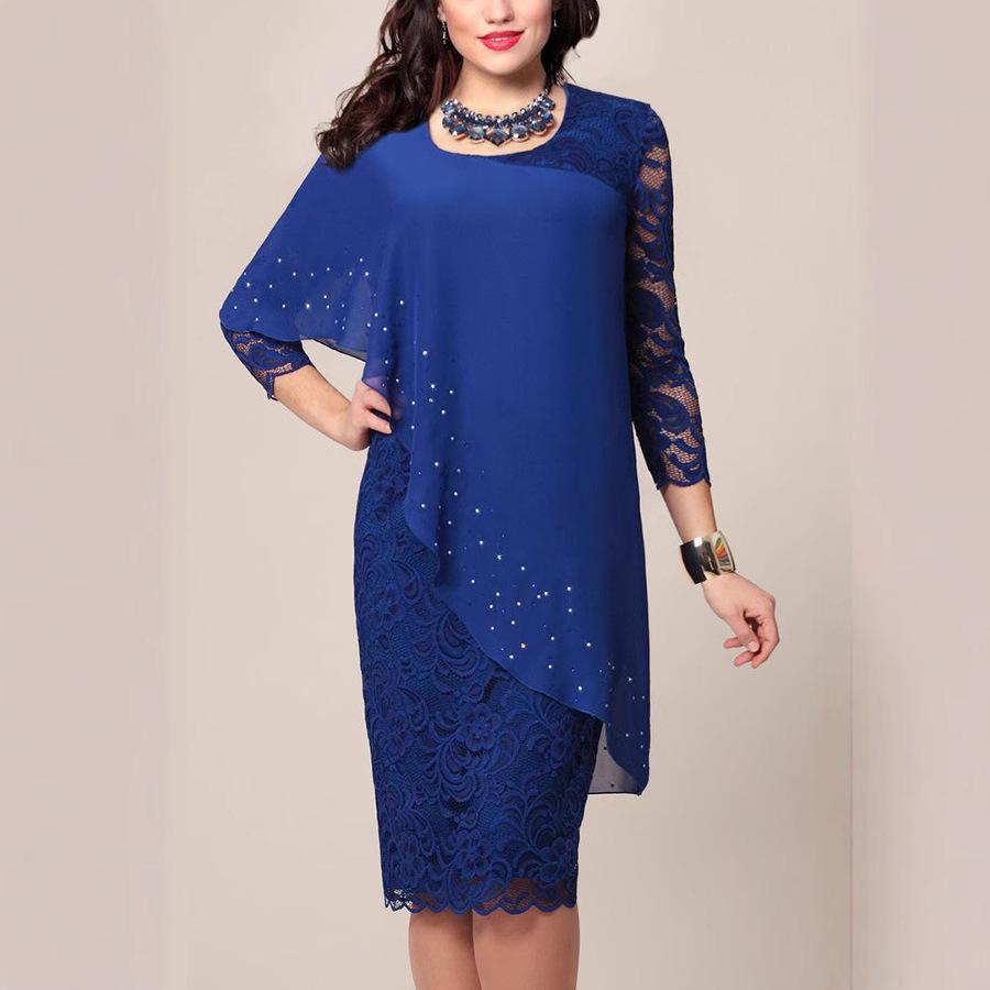 Elegant Lace-Trimmed Solid Color Slim Dress with Three-Quarter Sleeves