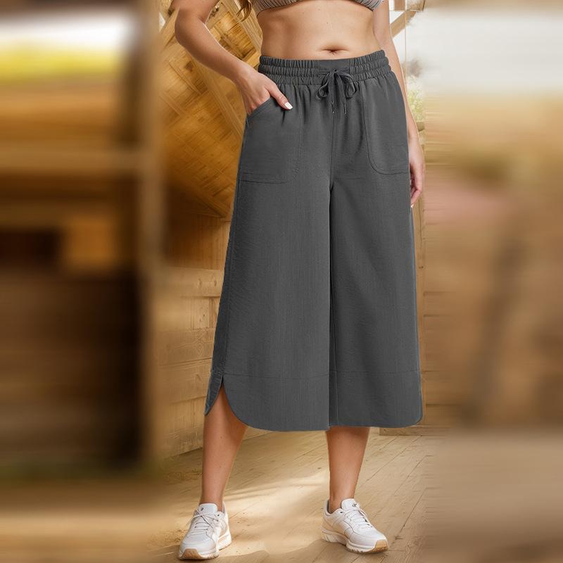 Women Spring Fall Fashion Wardrobe Staple Solid Color High-Waisted Wide Leg Capri Pants Trousers with Pocket