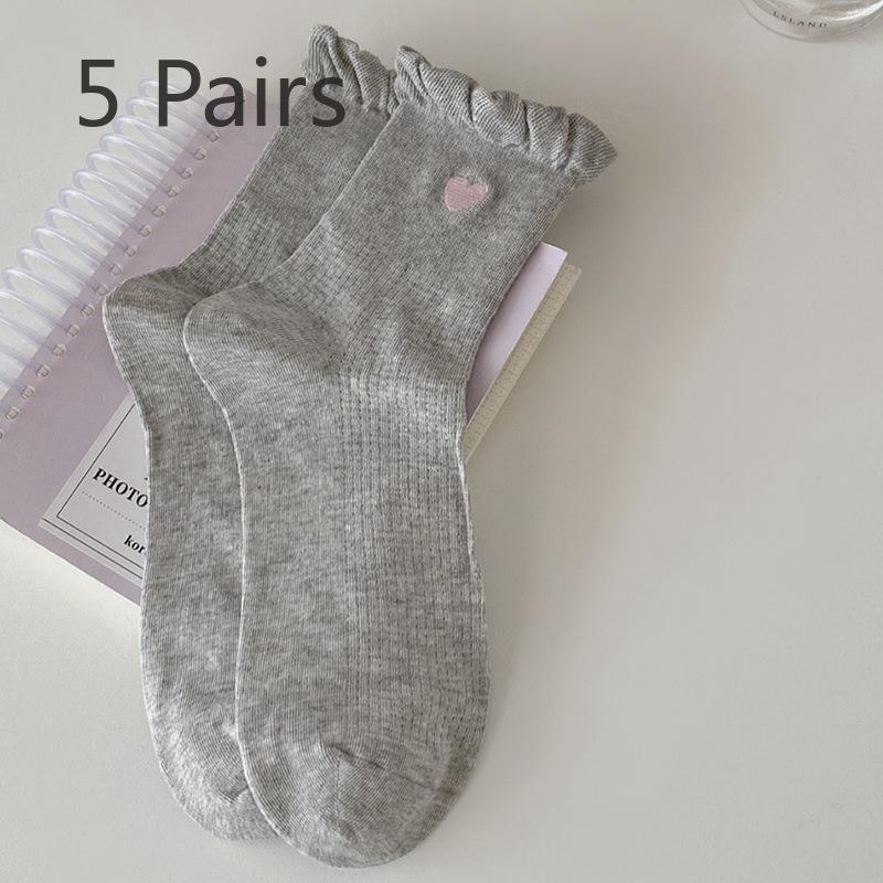 5 Pairs of Female Spring and Summer Breathable Lovely Embroidered Love Lace Bubble Mouth Tube Socks
