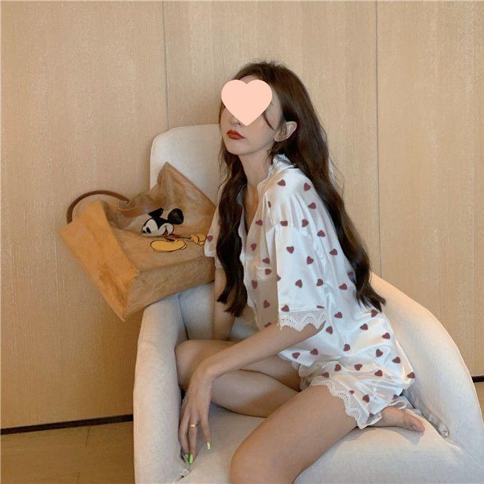 Korean Lace Collar Silky Homewear Set: Short Sleeve Top & Shorts In Solid Color for Spring/Autumn.