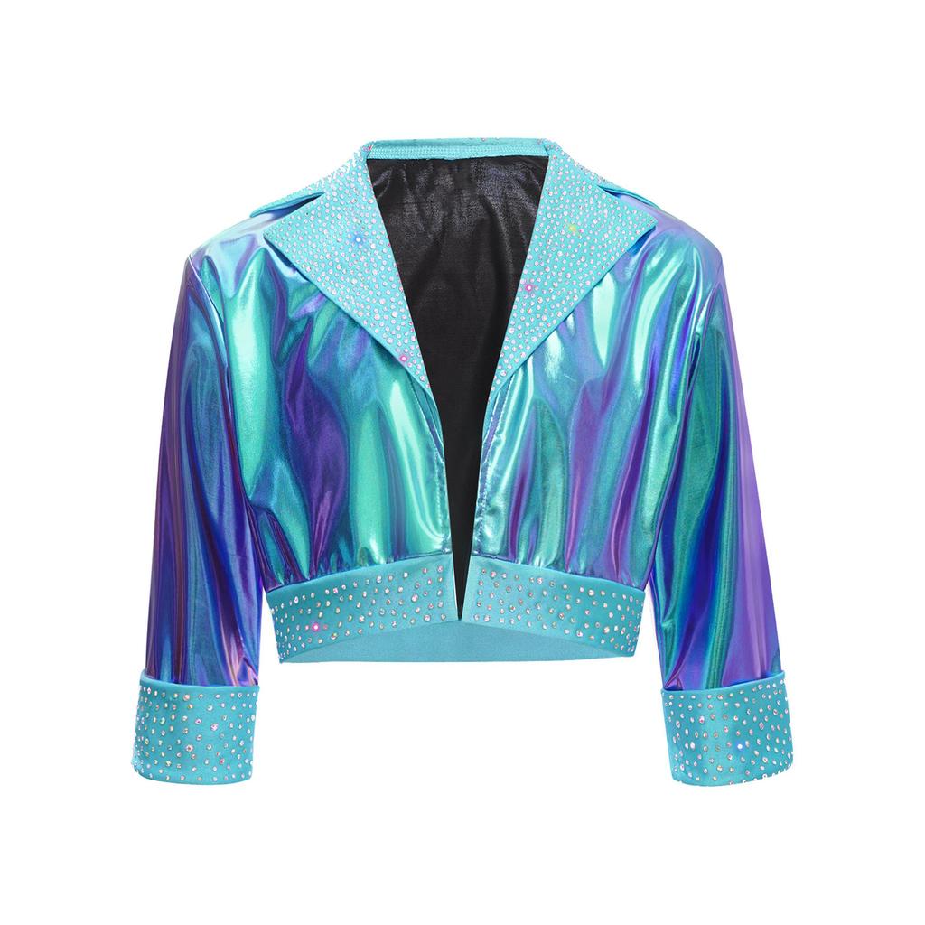 Kinder Bühnenauftritt Jacke Mädchen Jazz Dance Oberbekleidung Glänzende Strasssteine mit Reverskragen