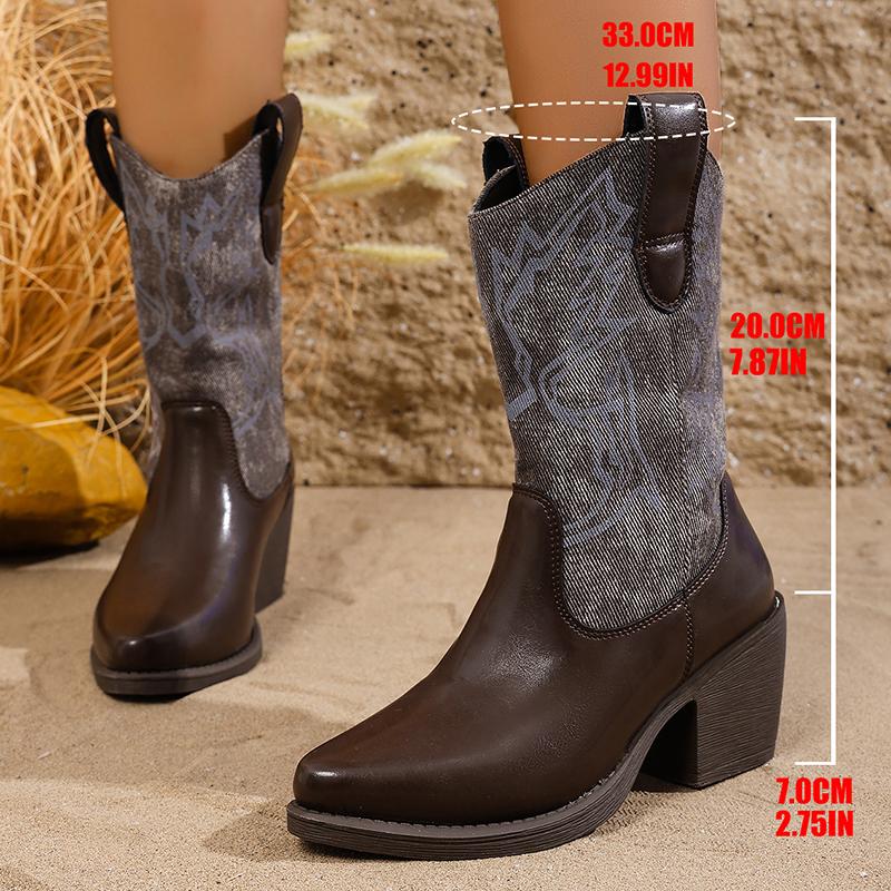 Retro Embroidered Women's Cowboy Boots Chunky High Heels Pointed Toe Winter Boots Woman Brown PU Leather Western Botas De Mujer