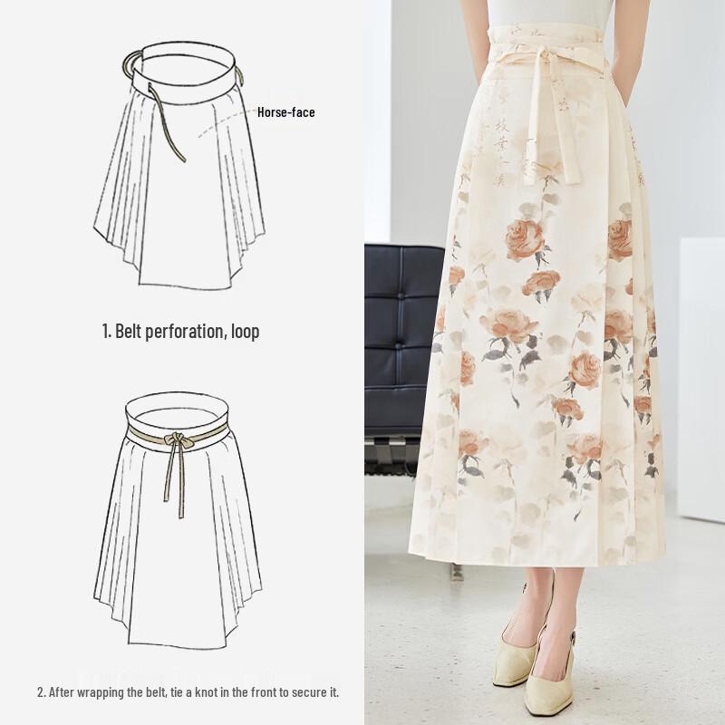 VICTORIA&VERA New Chinese Style Rose Print Horse-Face Midi Skirt