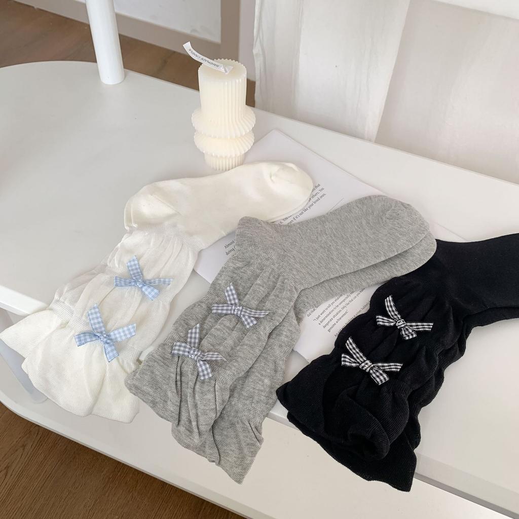 Plaid Small Bow Ribbon Solid Color Lace Medium Tube Stacking Socks Children'S Cute Lolita Socks