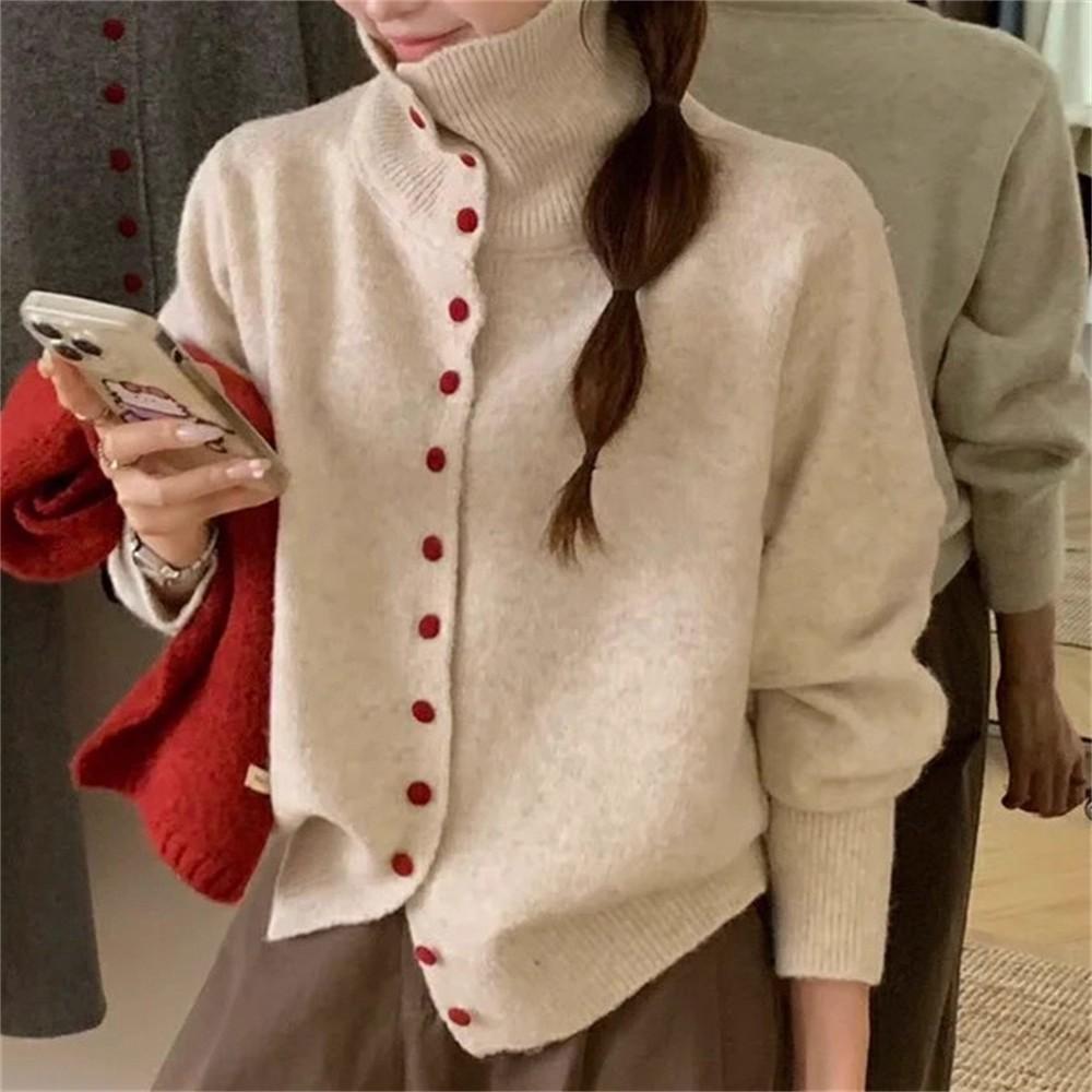 Gentle Style High-neck Single-breasted Soft and Sticky Sweater Coat for Women's Autumn and Winter Knitted Cardigan