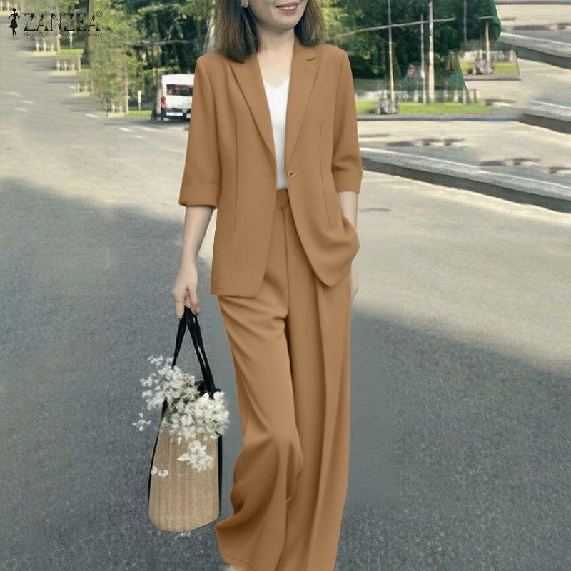 ZANZEA Women Long Sleeve Blazer and Pants Casual Two Piece Suit Sets