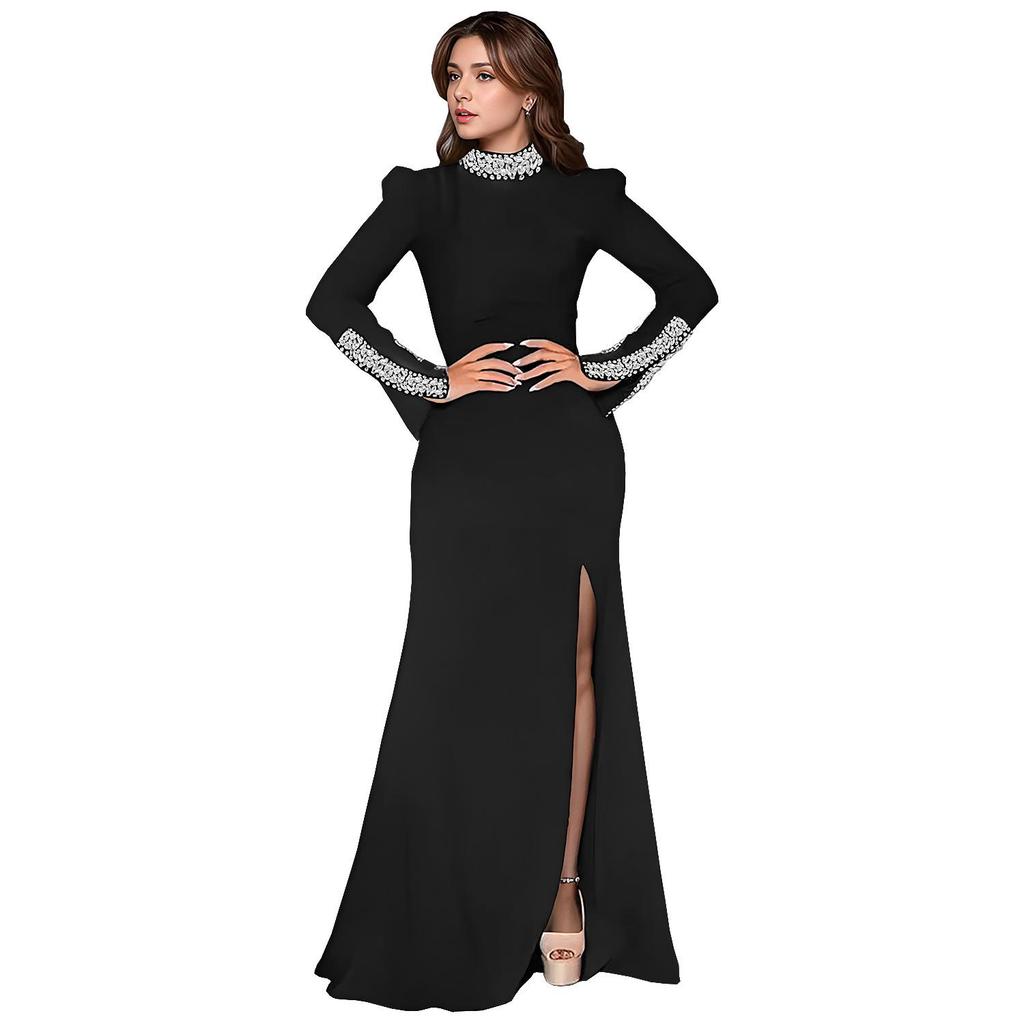 C7271 Women's Fashion Solid Color Long Sleeve Slit Dress with Hot Drilling
