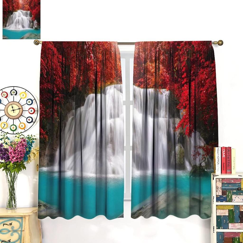 Blackout Red Forest Waterfall Windows Curtains Tree Landscape Woodland Scenic Nature Fall Scenery Art Printed Curtain Made Of Polyester Washable