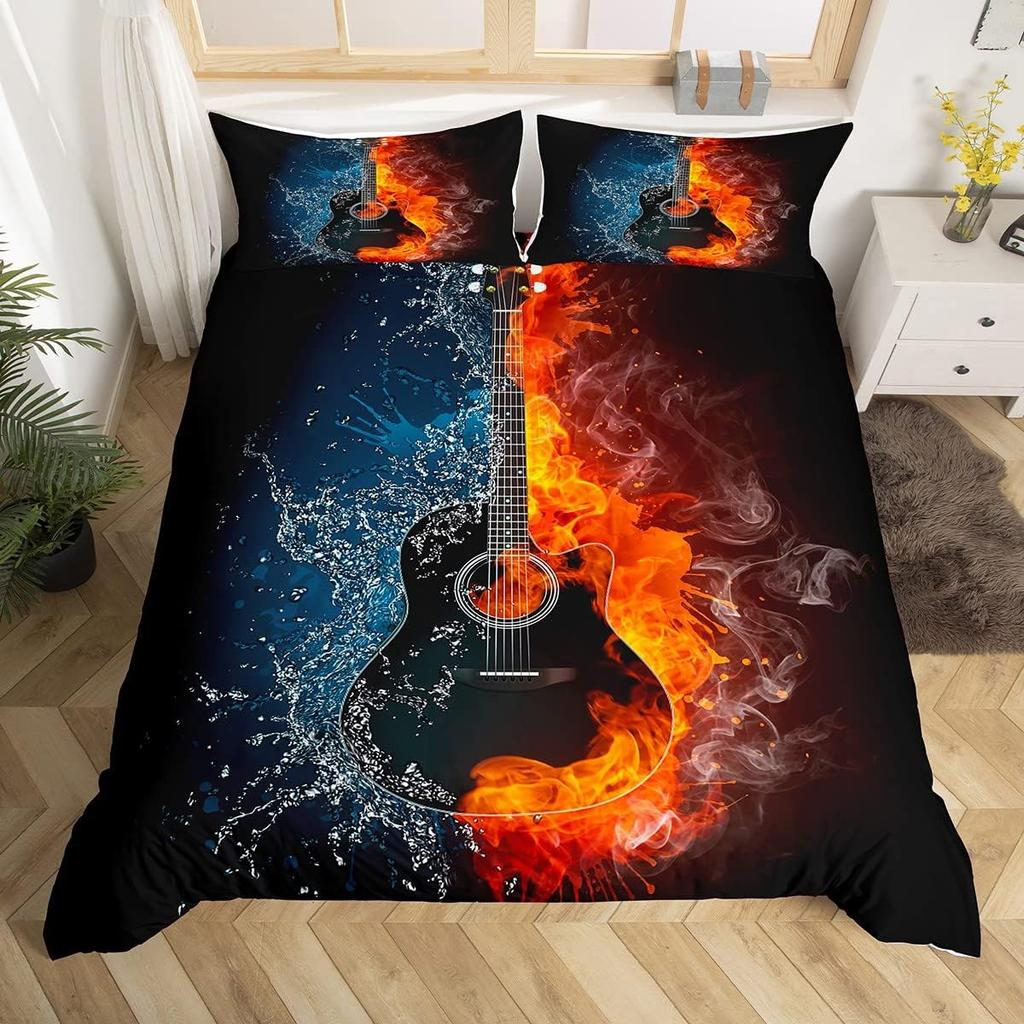 Guitar Duvet Cover Full Queen Tropical Blooming Floral Bedding Set For Kids Music Lover Musical Quilt Cover With 2 Pillowcases